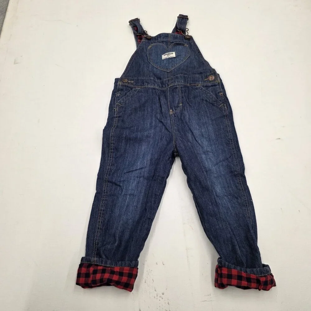 OshKosh Girls Blue Jean Denim Heart Buffalo Lined Cuff Overalls 4T